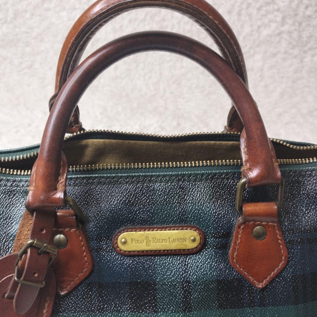 美品 POLO ポロラルフローレン チェック柄バッグ PVC xレザー
