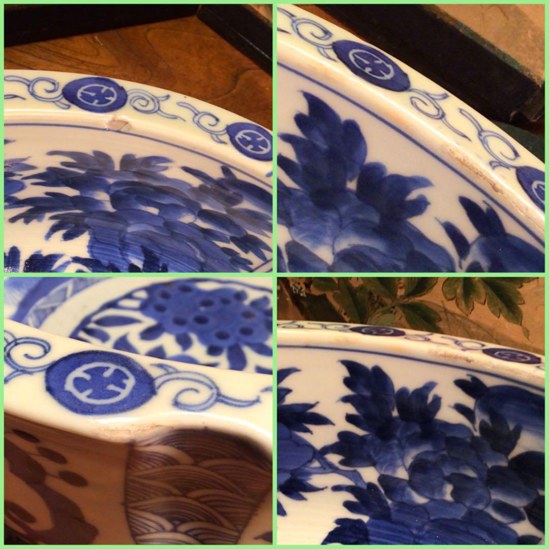 A554 古伊万里　染付　牡丹に山茶花紋様　輪花型　大鉢　　1客