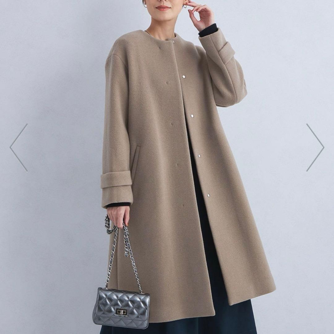 【美品】グリーンレーベルリラクシング定価35,200円23AWノーカラーコート