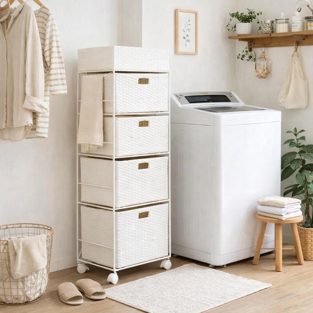 【新品】ランドリーチェスト ホワイト　4段（5杯）キャスター付
