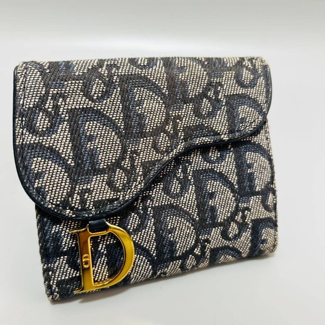 クリスチャンディオール 二つ折り財布 トロッター柄 サドル D金具 キャンバス