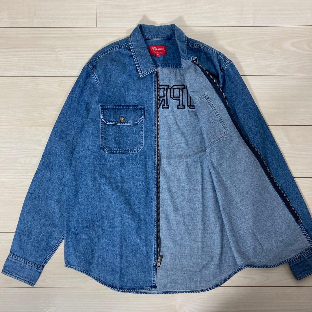 【超人気モデル!!】シュプリーム フロントジップ バック刺繍ロゴ デニムシャツ