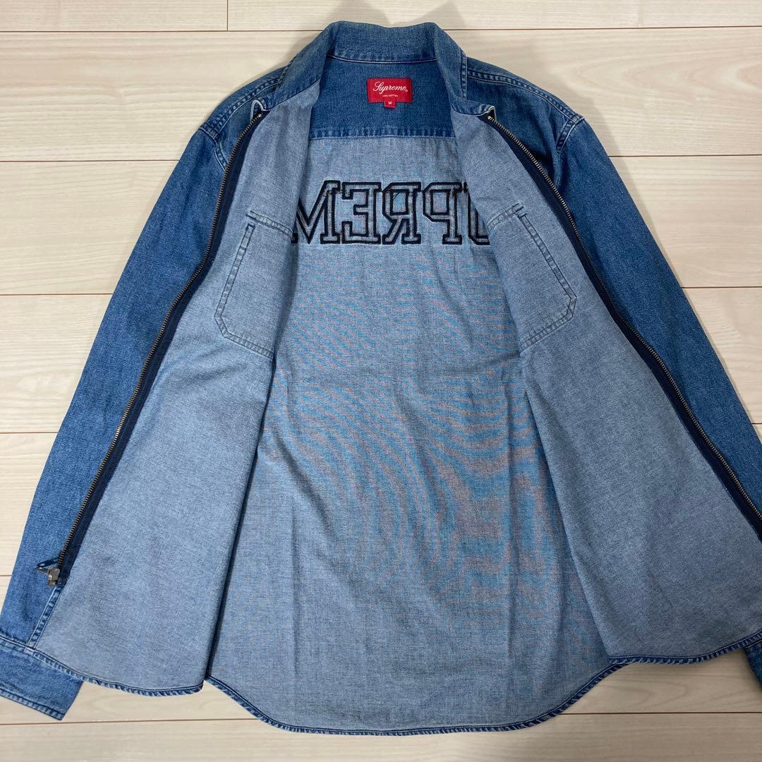 【超人気モデル!!】シュプリーム フロントジップ バック刺繍ロゴ デニムシャツ