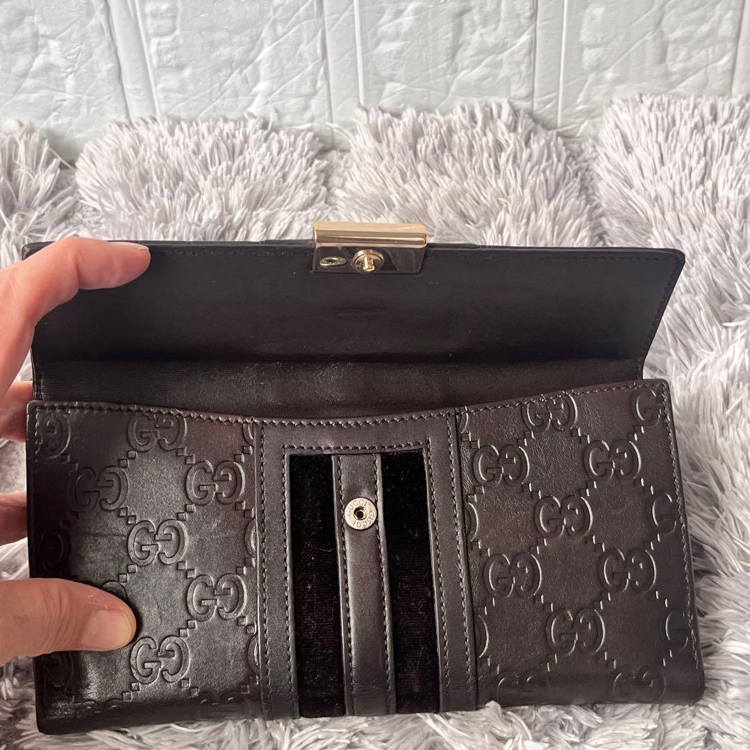 美品✨GUCCI シマ　シェリーライン　ダークブラウン　長財布　ロゴプレート
