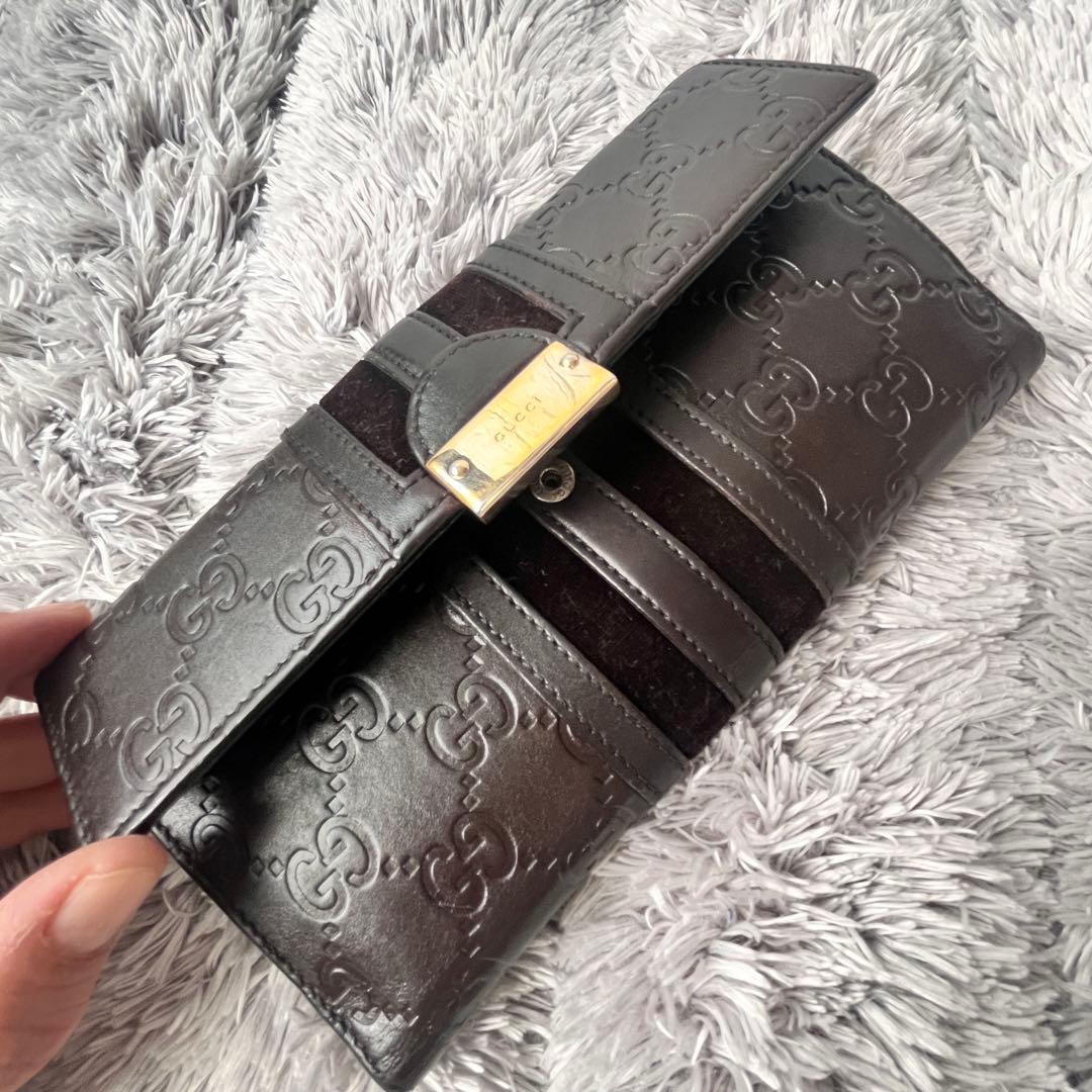 美品✨GUCCI シマ　シェリーライン　ダークブラウン　長財布　ロゴプレート