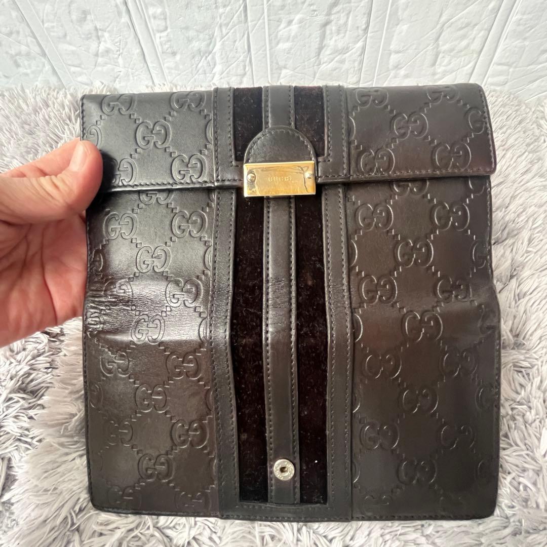 美品✨GUCCI シマ　シェリーライン　ダークブラウン　長財布　ロゴプレート