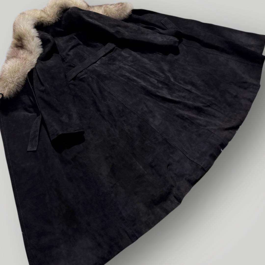 本毛皮☆フォックス リアルファー ベルテッドコート 羊革 スエード ブラック