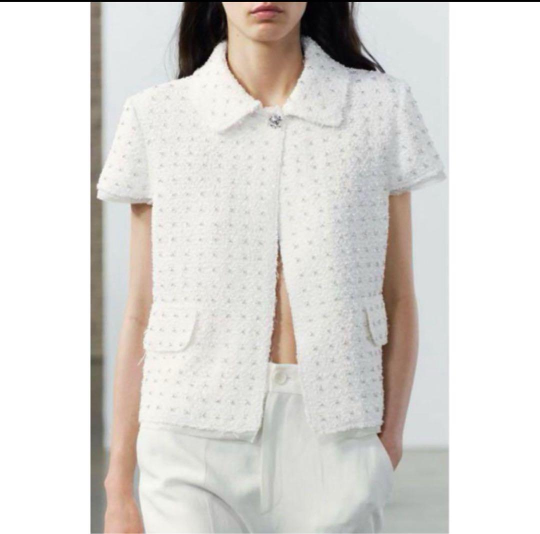 ホワイトビーズ付き半袖ツイードジャケット　新品