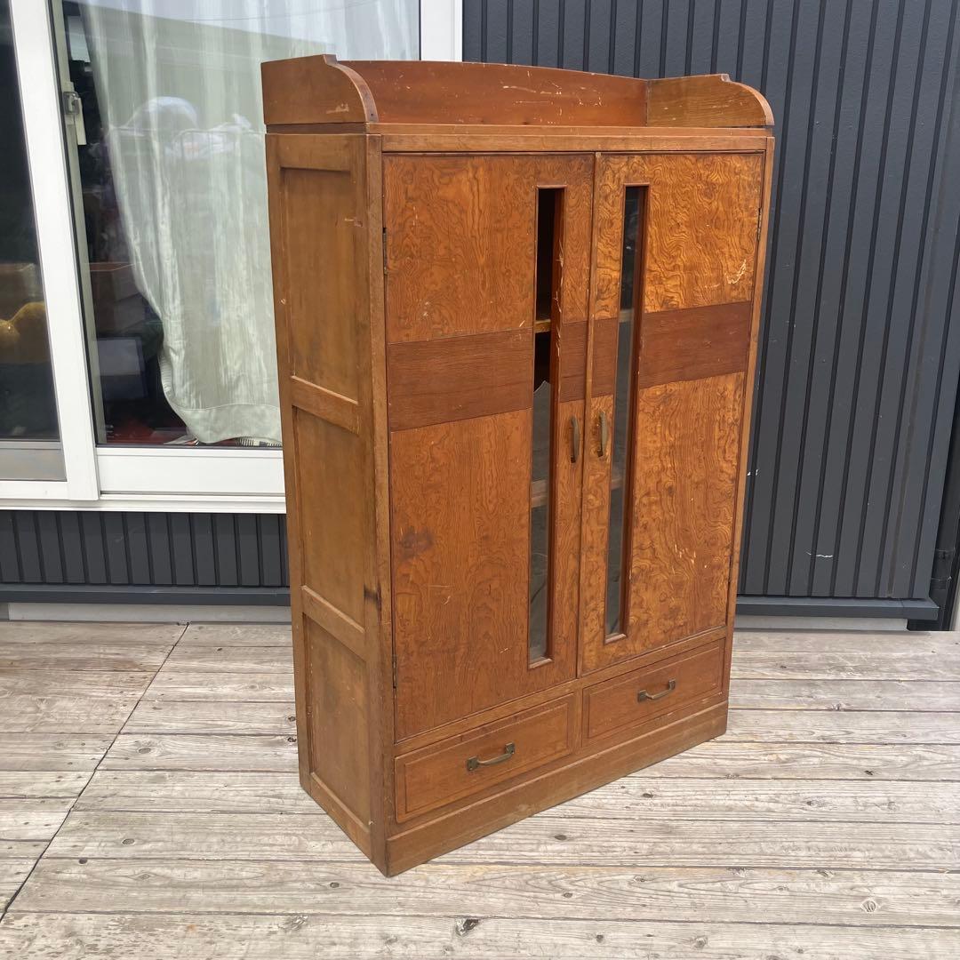 昭和レトロ 古家具 飾りガラス戸 木製キャビネット 食器棚 飾り棚 サイドボード