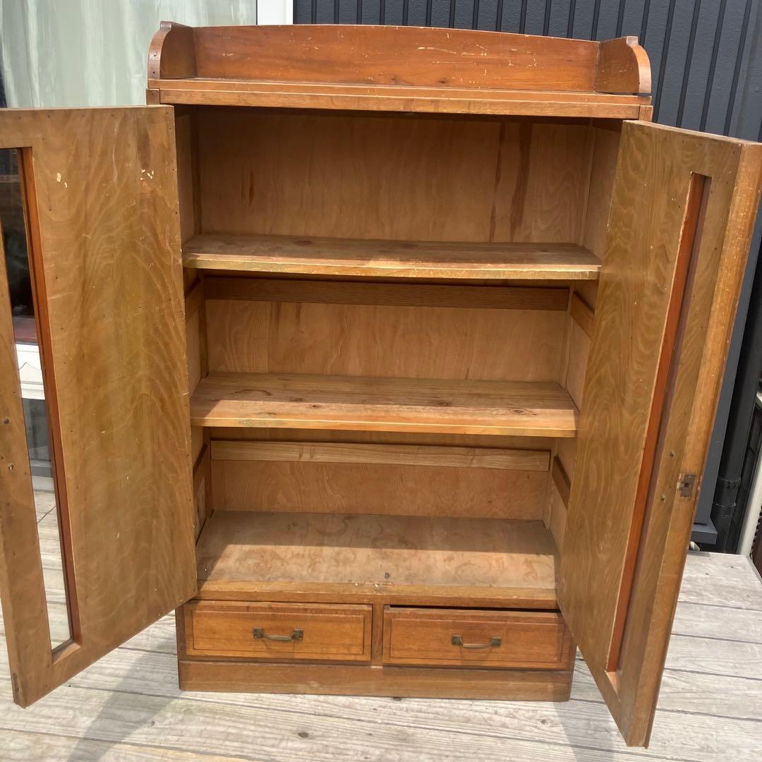 昭和レトロ 古家具 飾りガラス戸 木製キャビネット 食器棚 飾り棚 サイドボード