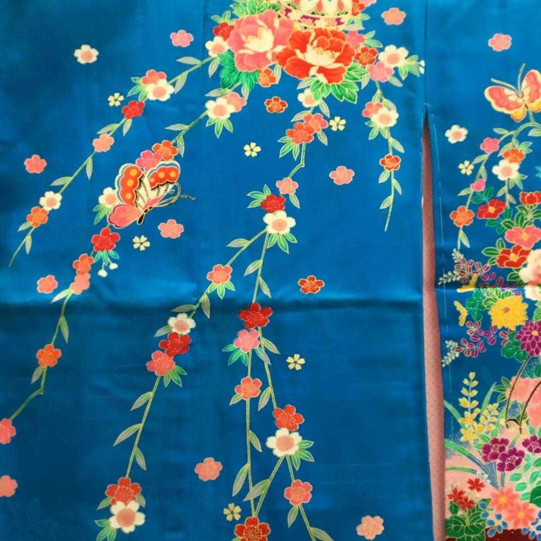 【新品】青色 えんじ色　花柄 蝶模様 着物 七五三　絹　3歳　三ツ身きもの
