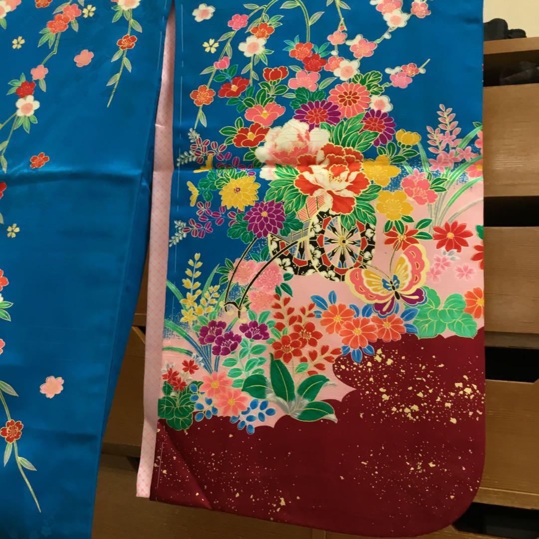 【新品】青色 えんじ色　花柄 蝶模様 着物 七五三　絹　3歳　三ツ身きもの