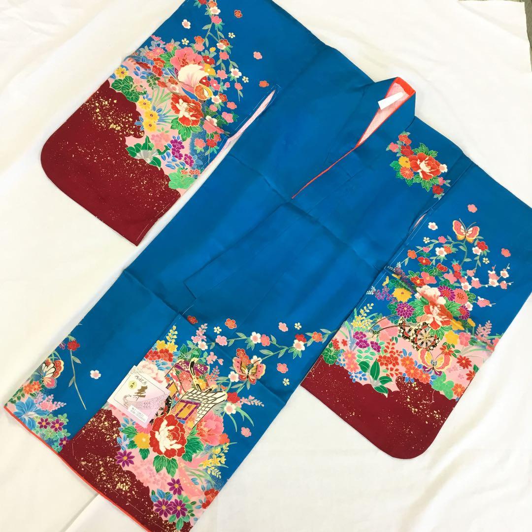 【新品】青色 えんじ色　花柄 蝶模様 着物 七五三　絹　3歳　三ツ身きもの