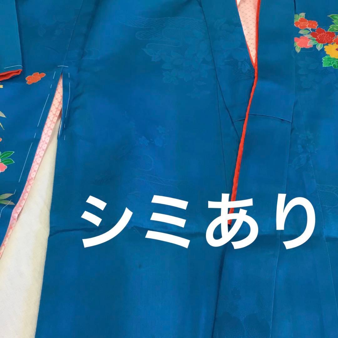 【新品】青色 えんじ色　花柄 蝶模様 着物 七五三　絹　3歳　三ツ身きもの