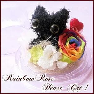 プリザーブドフラワードーム ハート黒ネコ＆レインボーローズ