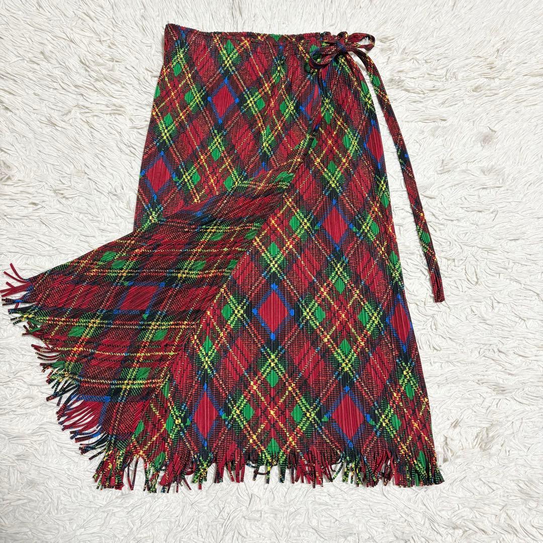 希少✨美品 PLEATS PLEASE 巻きスカート チェック柄 フリンジ L