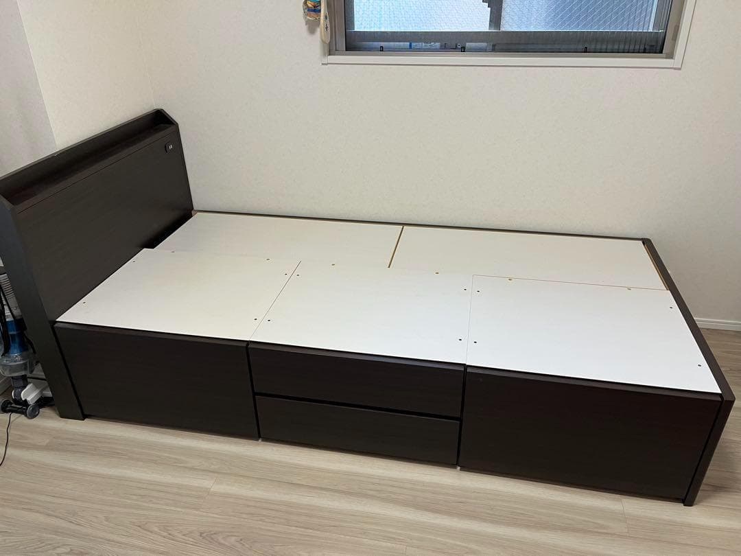 シングルベッドフレーム ダークブラウン 引き出し付き マットレスセット