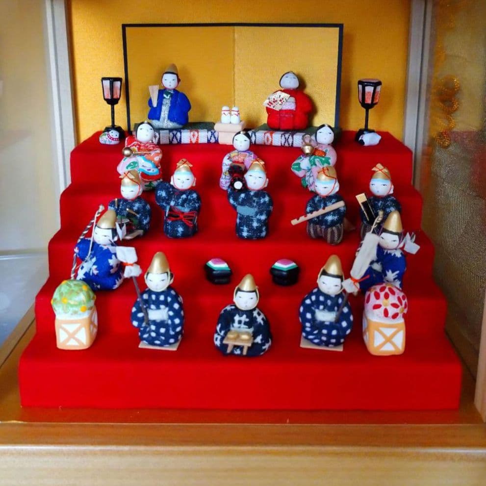 雛人形 新品未使用 浅草助六 普段着のお雛様 木目込み人形 十五人飾り ミニ 豆