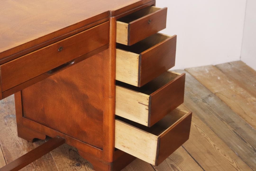 レトロ 片袖デスク 机 書斎 作業台 引き出し 抽斗 5杯 木製 古道具