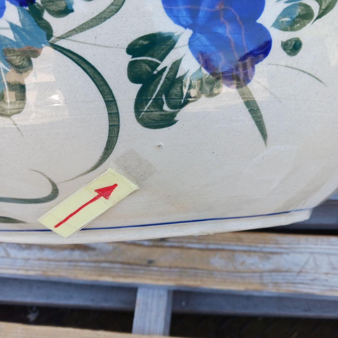 新品　∅50　陶器　睡蓮鉢　特大　メダカ鉢　難有　手書き絵　花柄　手造りLKB2