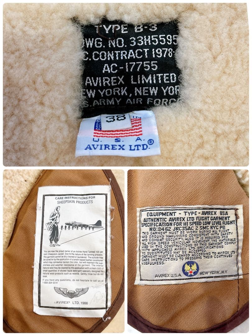 美品 USA製 AVIREX B-3 ムートン　フライトジャケット 短丈 38