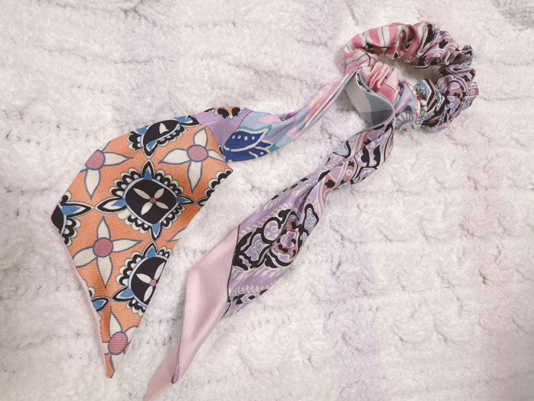 エルメス　正規品　花柄シュシュ付きヘアアクセサリー