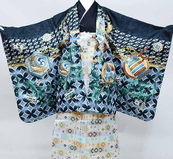 七五三 五歳 男児 羽織袴フルセット 綸子地 黒地 兜 袴変更可 NO37780