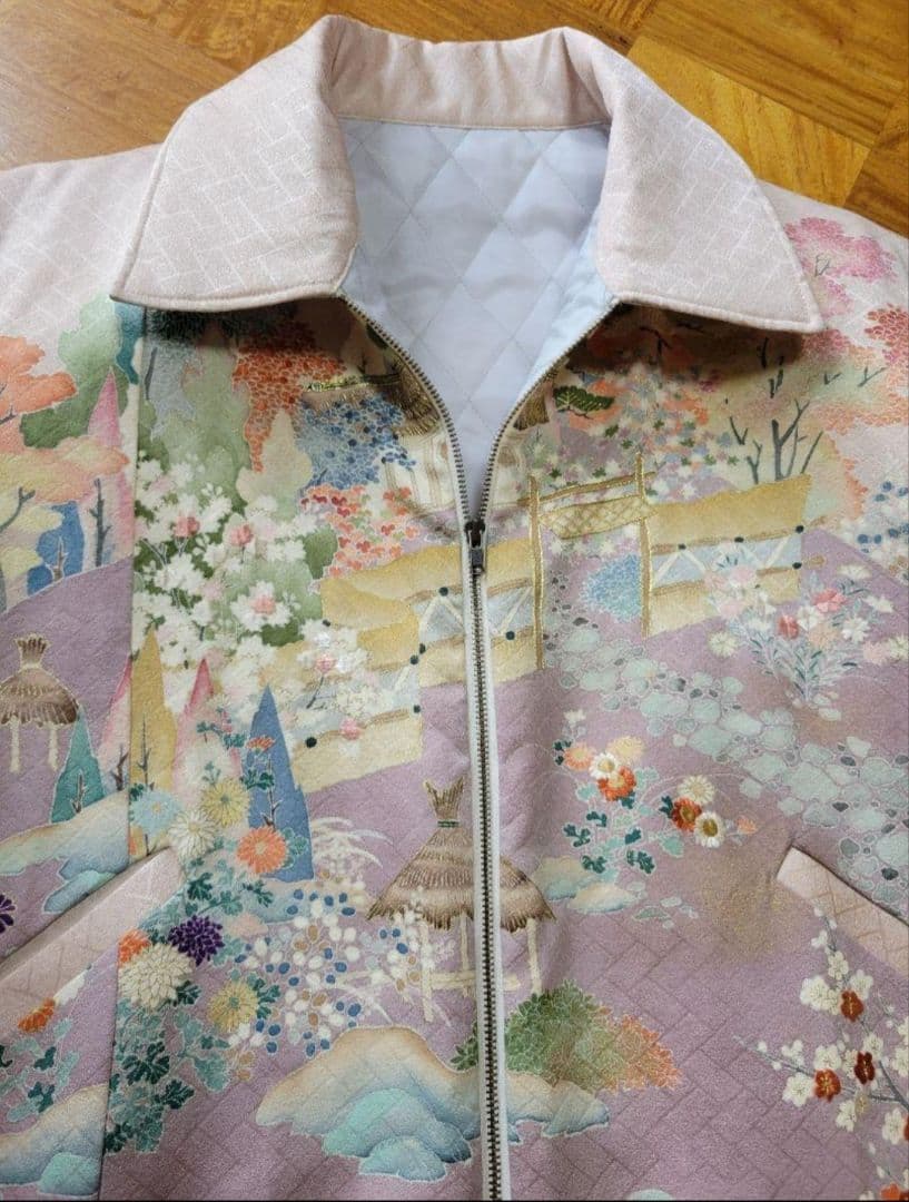 め0948着物リメイク正絹色留袖伝統風景文様ジップアップスカジャンハンドメイド