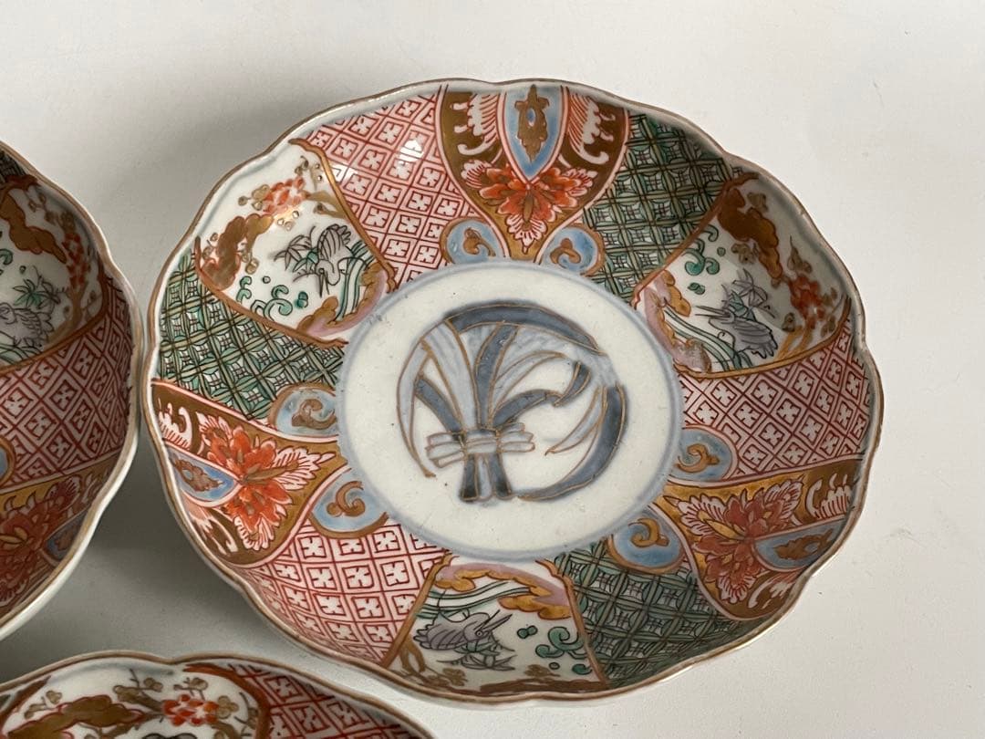 骨董　アンティーク　金襴手　輪花縁　小皿　稲穂文様　5枚