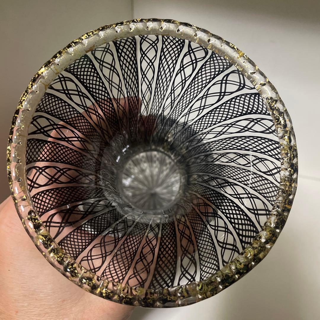 美品　希少　月夜野工房　花瓶　金彩ブラックレース花瓶　レースガラス