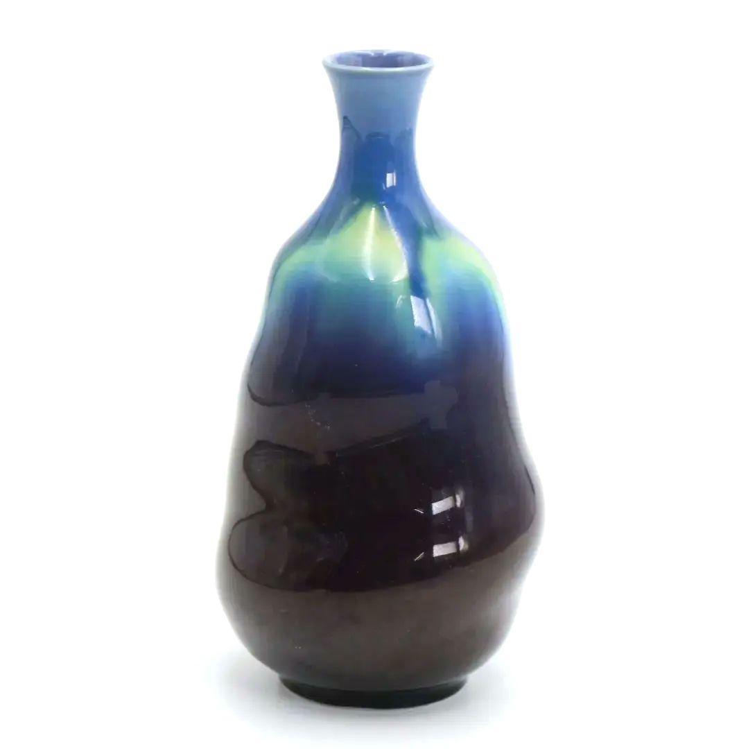 三代 徳田八十吉作 燁彩 碧明釉 壷 花器 花生 花瓶 九谷焼　AW563　YS