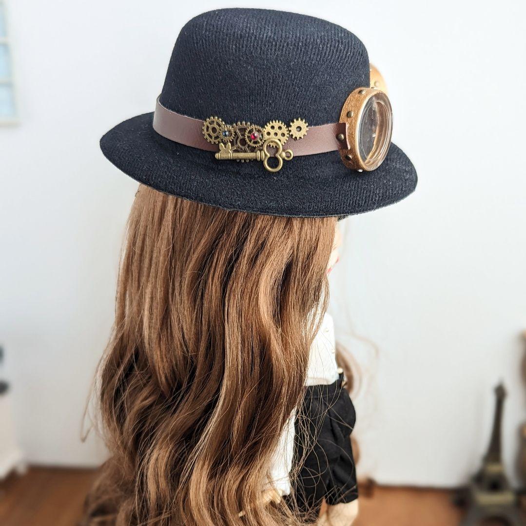 1043※スチームパンク・ゴーグルと歯車モチーフの黒の帽子 ※ブライスアウト