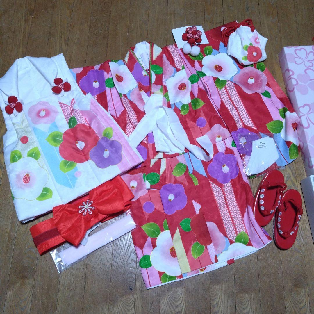 三歳★花ひめ★椿と矢羽根★被布着物小物フルセット★赤ピンク