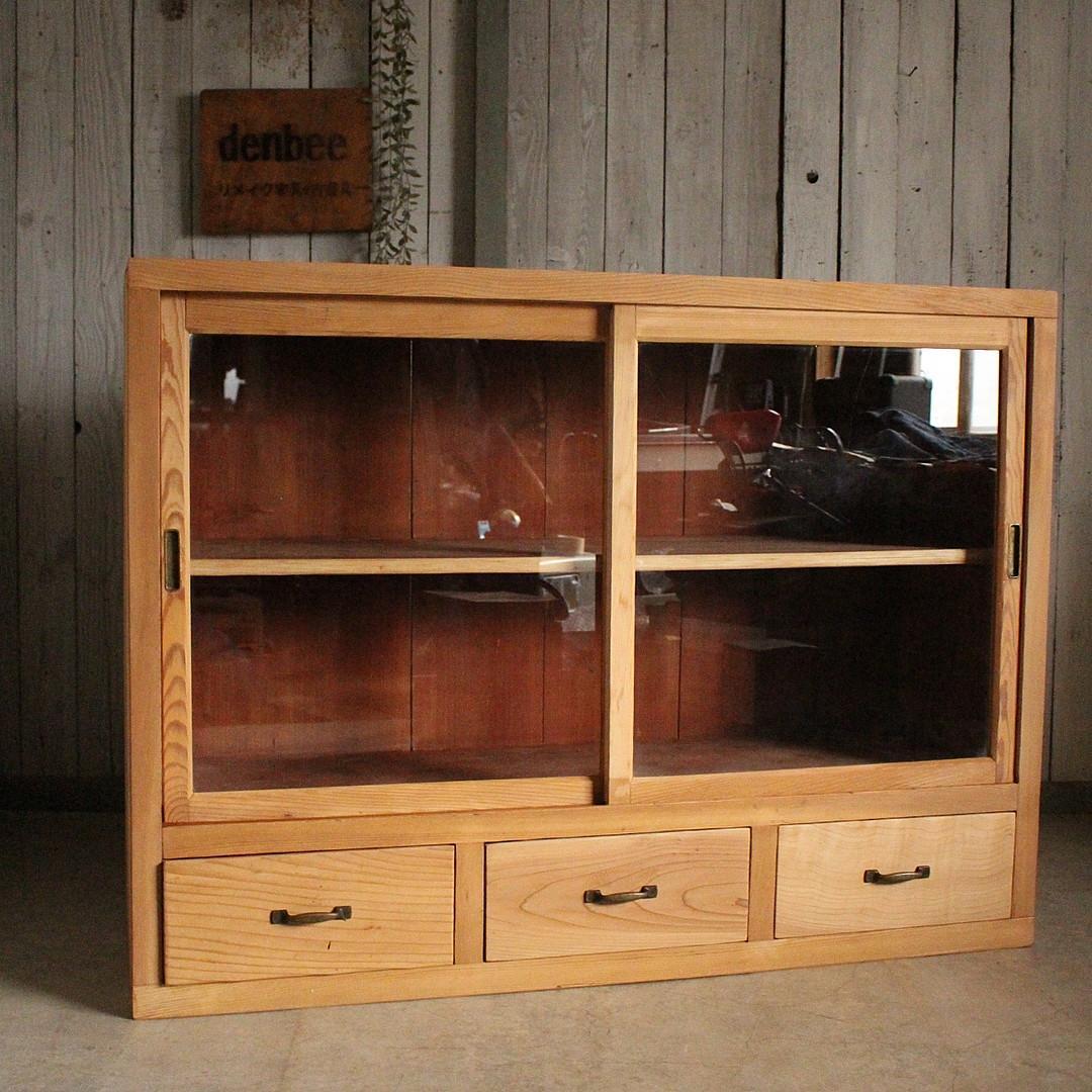 古い木枠のガラス戸棚　引き出し3杯　水屋