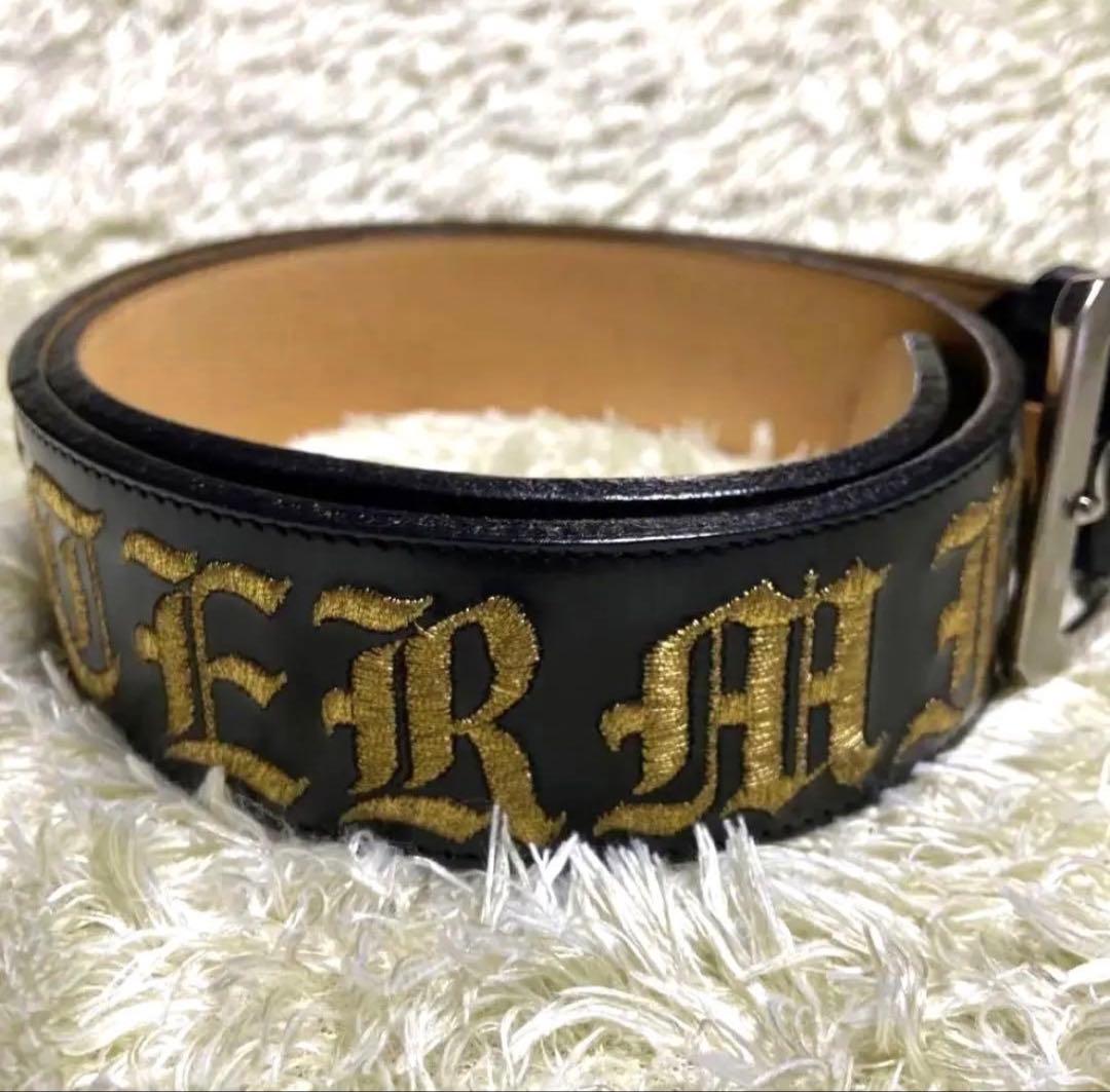 マスターマインド　レザーベルト　ロゴ刺繍　黒　ゴールド　master mind