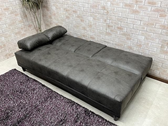 ソファーベッド　グレー　小テーブル付き　レザーファブリック　ソファ　新品