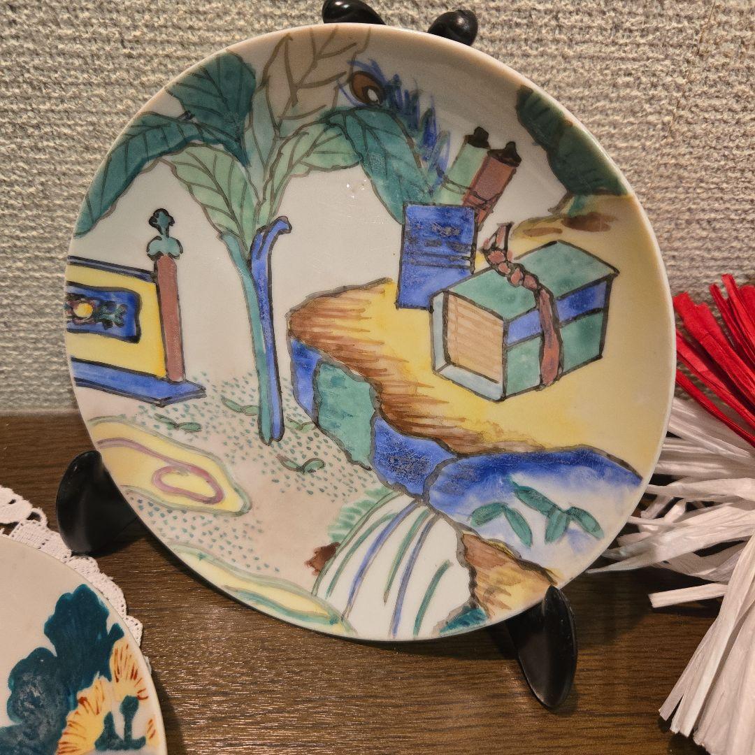 珍品 幻のさかい焼 二代目金田新平 更さ色絵陶絵皿二枚