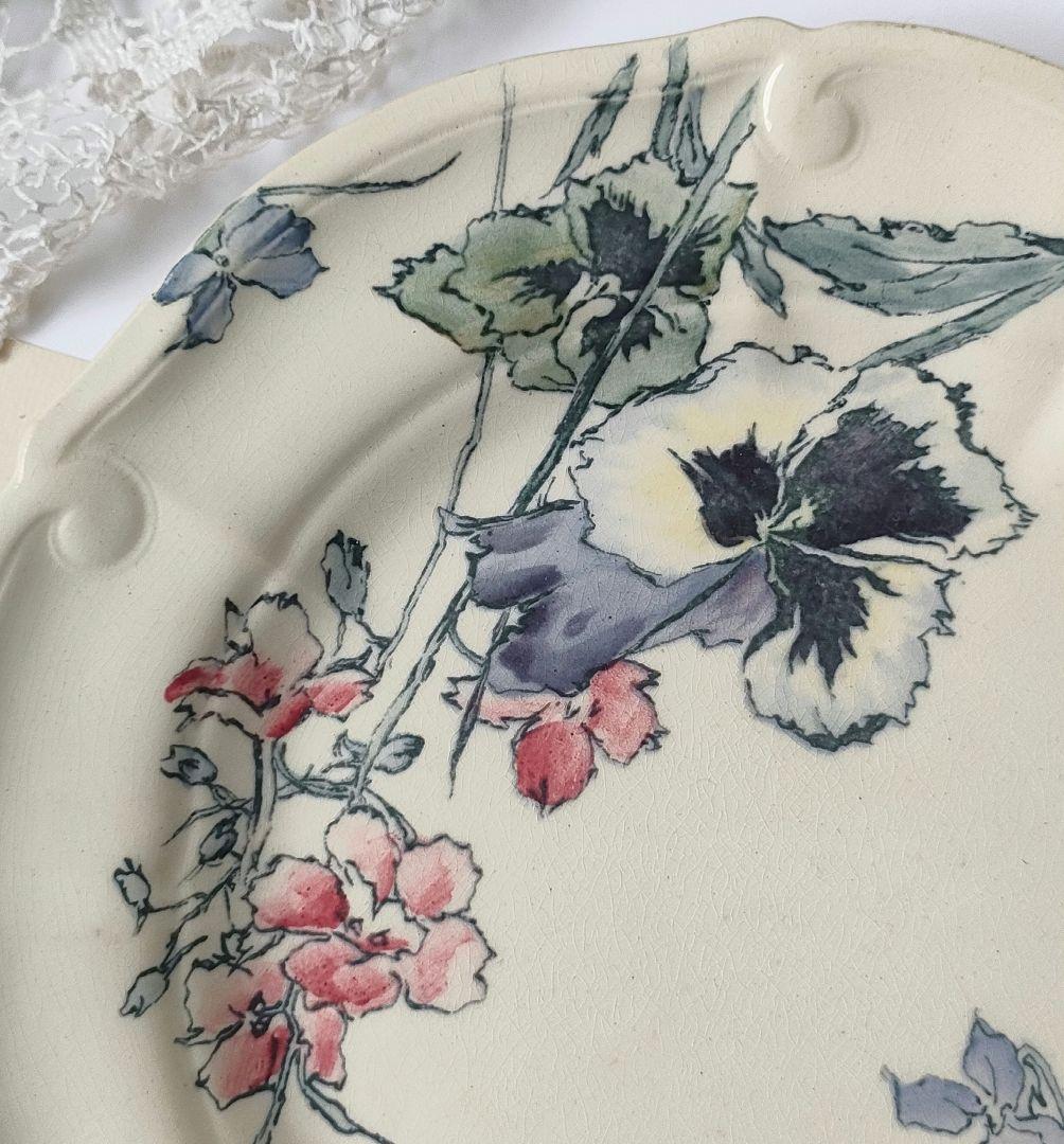 希少　ジョワジールロワ　多彩色　パンジー　平皿　フランスアンティーク