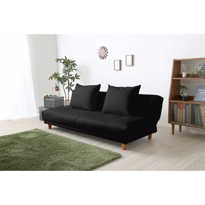 クッション2個付　ソファベッド　3段階リクライニング　ブラック