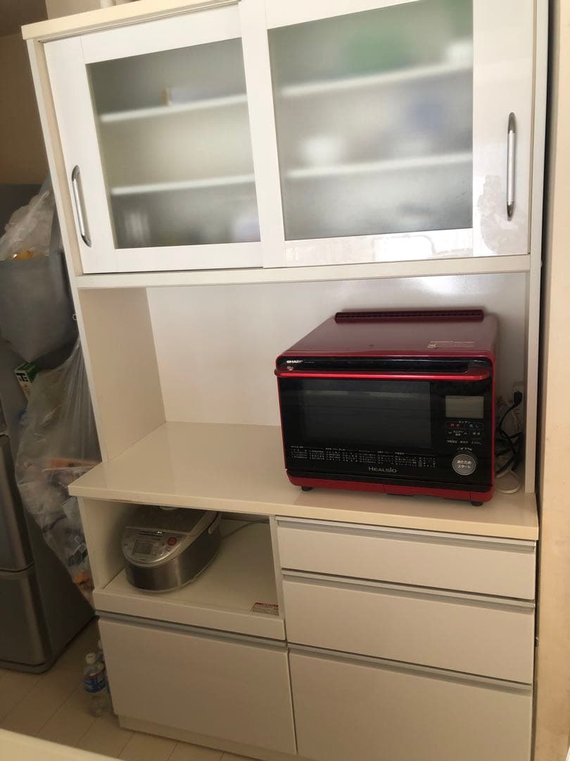 ホワイト食器棚 中型 ガラス扉 引き出し付き