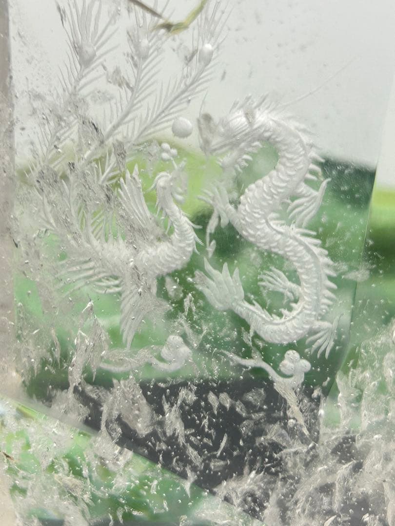 天然石水晶　龍と鳳凰ペアー彫り置物　No.2336