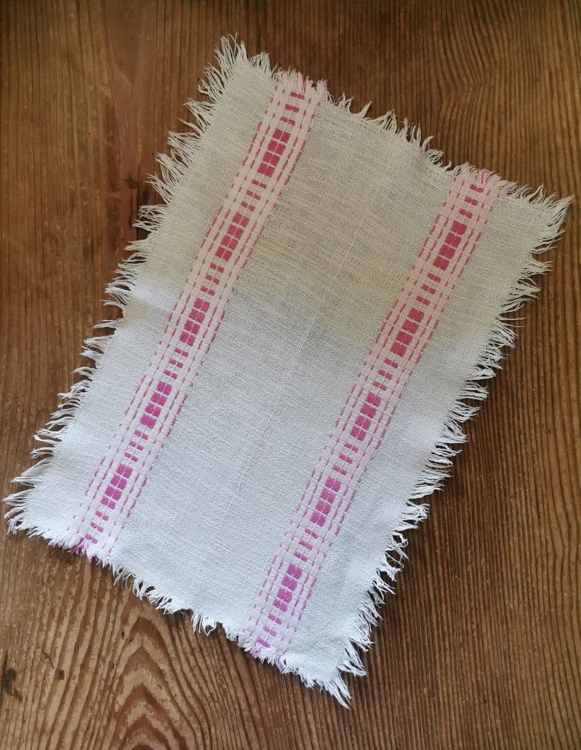 ヴィンテージ フランス ラズベリー桜ピンク織刺繍 プレイスマット リネンランナー