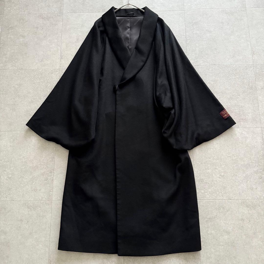 バルマン　ロングコート　フレアスリーブ　カシミヤ100％　ショールカラー　黒　M