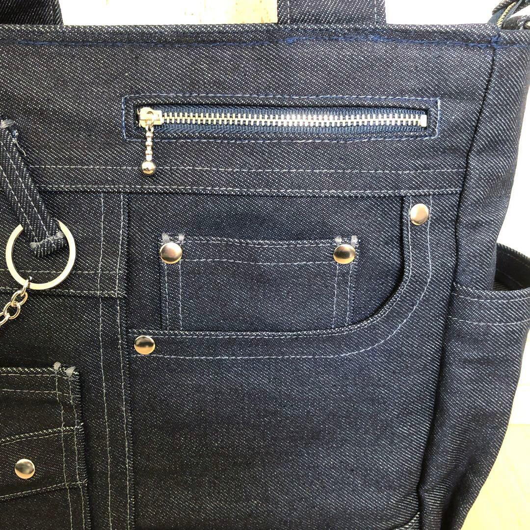 トートバッグ　ハンドメイド　デニムリメイク　ネイビー　底鋲つき【新品デニム】