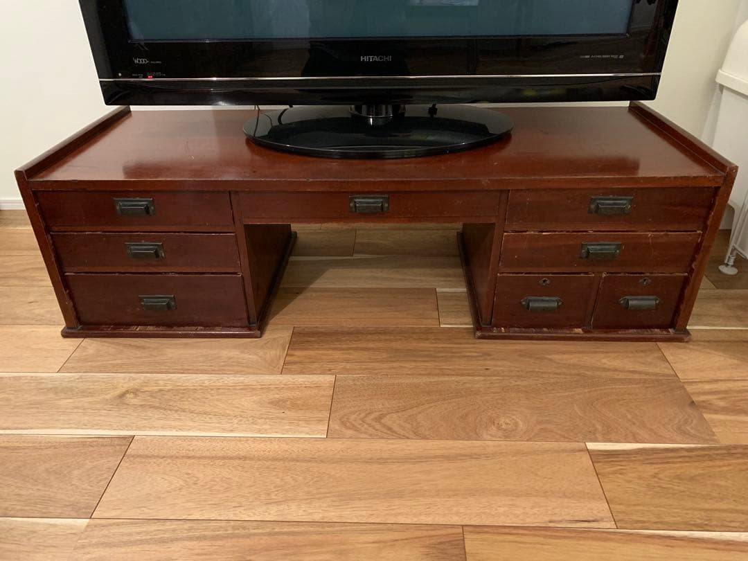 古い木製の机　引き出し8杯　両袖文机　古家具　時代家具
