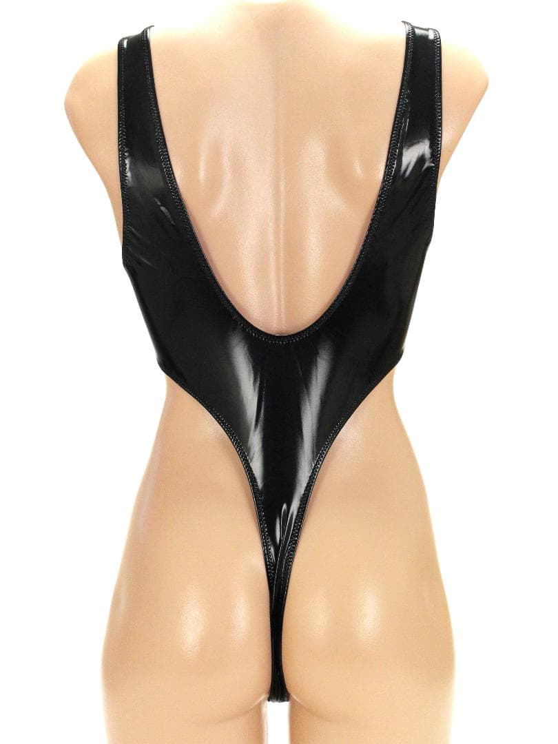 Mサイズ　エナメル２WAY生地　Tバックレオタード　ブラック　ＥＬＴ０１