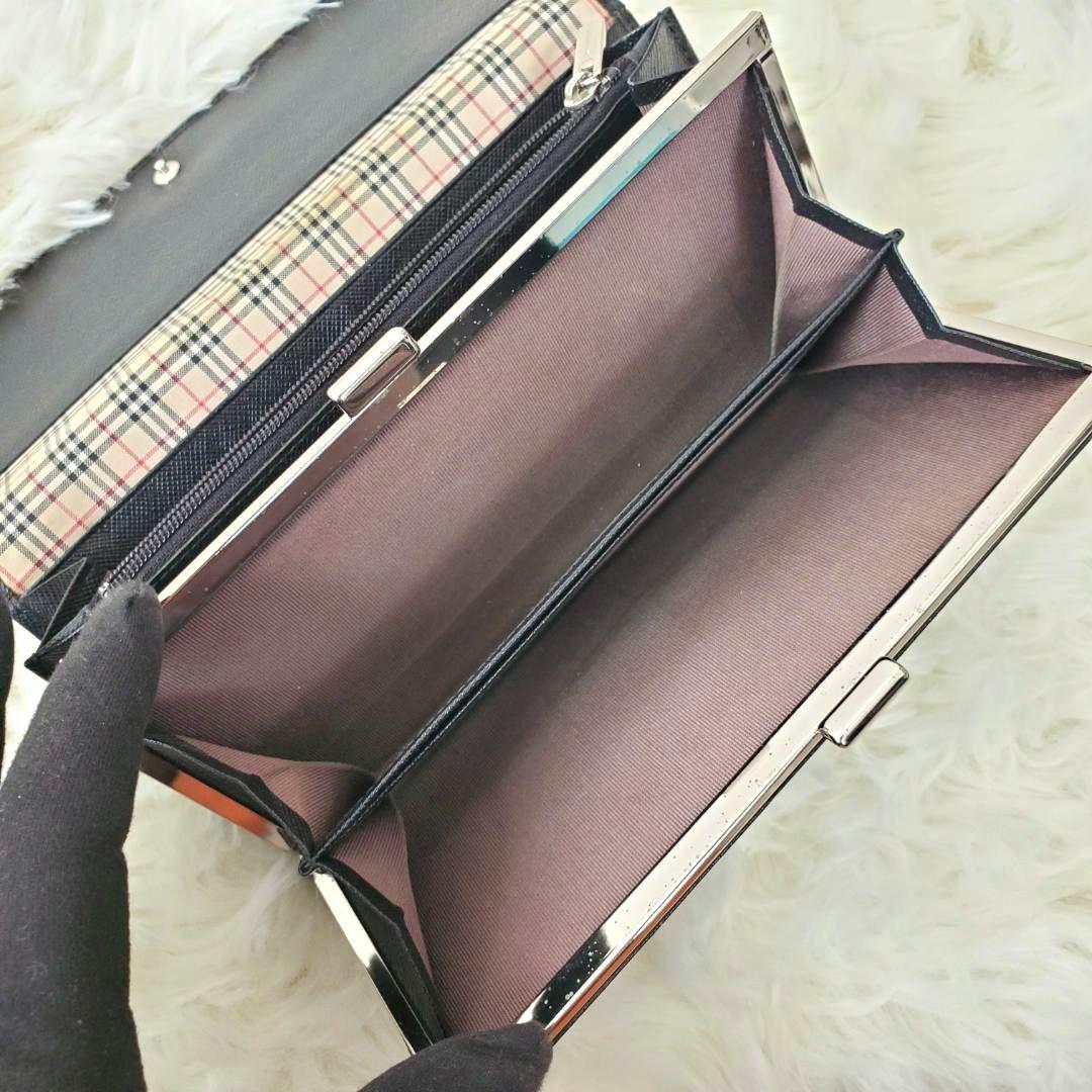 美品 人気モデル バーバリー 長財布 ノバチェック がま口 ブラック 大容量