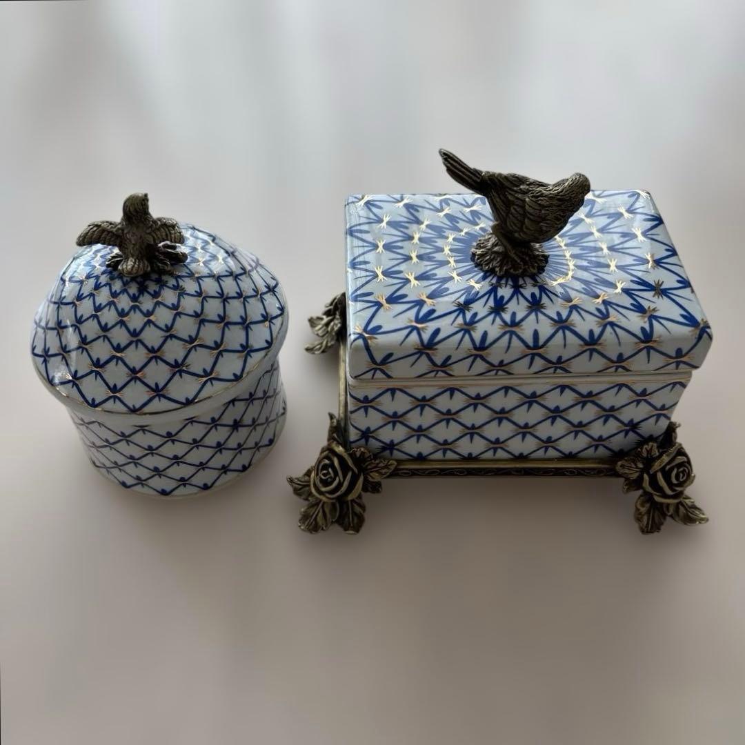 【2個セット】インテリア雑貨 シノワズリ ボックス 鳥 陶器 小物入 おしゃれ