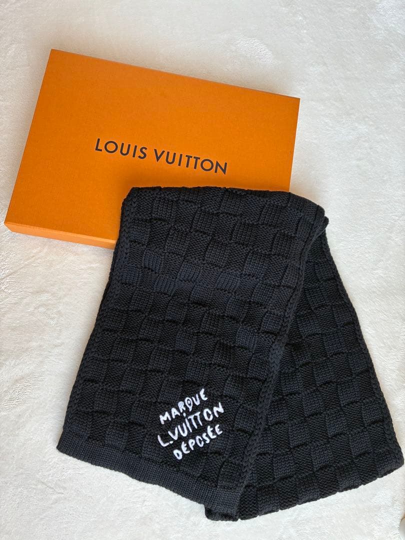 美品　LOUIS VUITTONダミエヘリテージスナッグマフラー ブラックウール