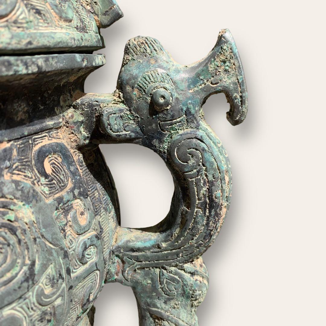 青銅器　蓋付　象足鳳耳盆　商周・館蔵珍品　中国　骨董品　古美術　アンティーク